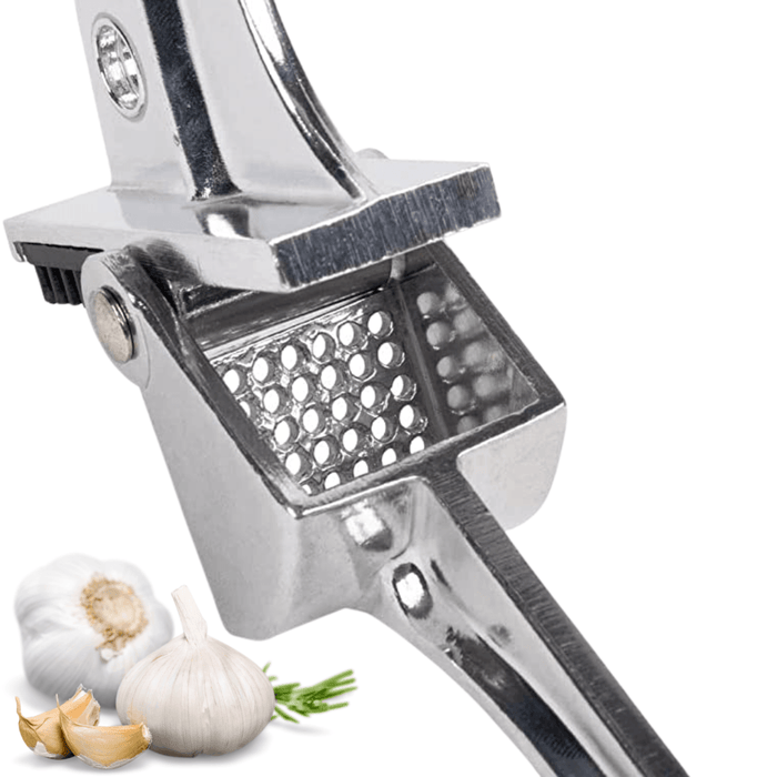 Royal Industries 7 inch Aluminum Garlic Press  This garlic press features pressing nubs that force the garlic through a stainless steel blade. It is extremely easy cleaning and won't leave your hands smelling like garlic all day-ROY GP Hannah's Variety Store