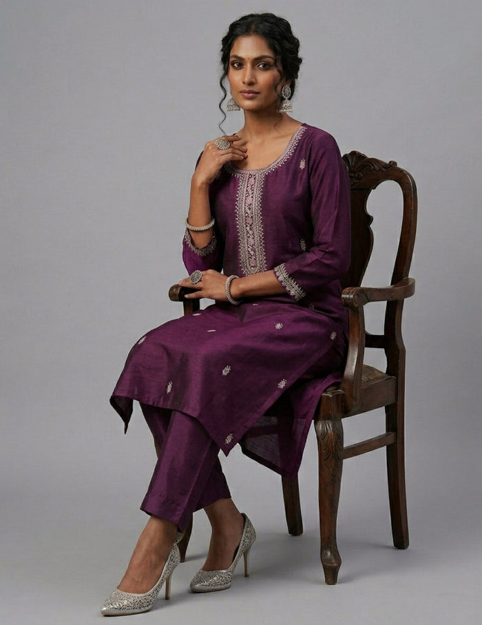 A woman seated on a dark wooden chair wearing a deep purple traditional outfit with silver embroidered detailing around the neckline and scattered small silver motifs on the fabric. She is posed against a plain light gray studio background.