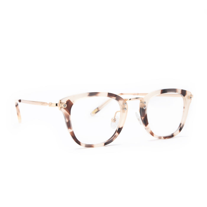 Rue glasses with cream tortoise frames and blue light technology angle view