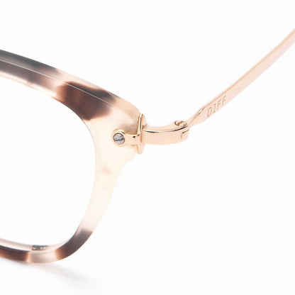 Rue glasses with cream tortoise frames and blue light technology detailed shot