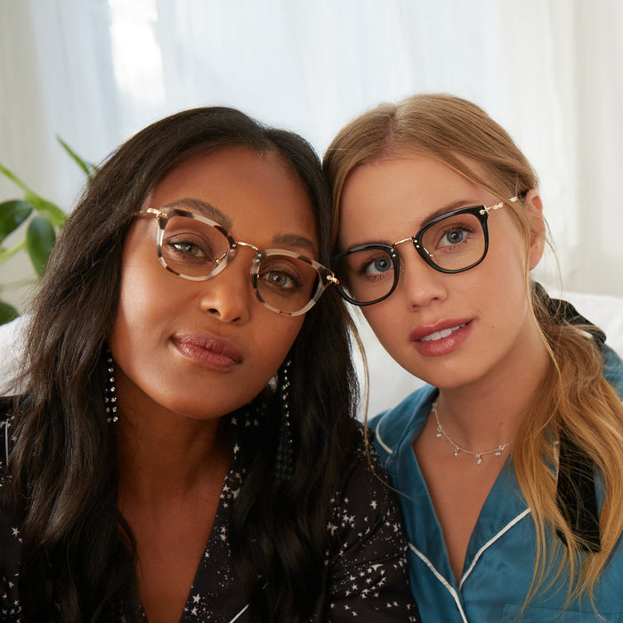 lifestyle - brunette in RUE - CREAM TORTOISE  blonde in rue black