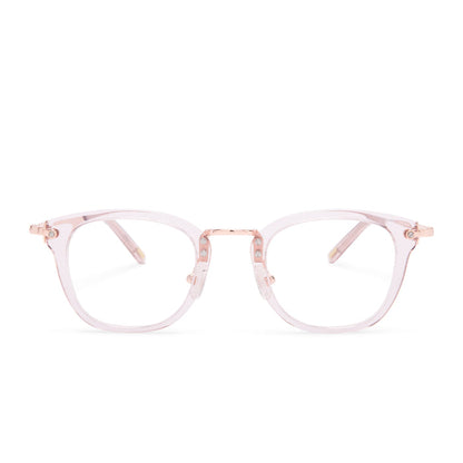 diff eyewear rue square glasses with a light pink crystal acetate frame and prescription lenses front view