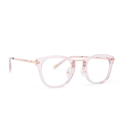 diff eyewear rue square glasses with a light pink crystal acetate frame and prescription lenses angled view