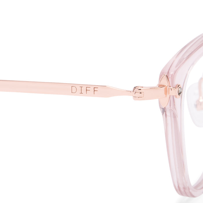 diff eyewear rue square glasses with a light pink crystal acetate frame and prescription lenses detailed view