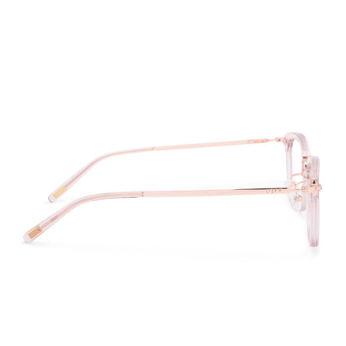 diff eyewear rue square glasses with a light pink crystal acetate frame and prescription lenses side view