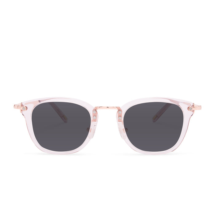 prescription sunglasses - diff eyewear rue square as a sunglasses with a light pink crystal acetate frame and grey prescription lenses front view