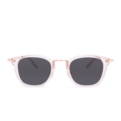 prescription sunglasses - diff eyewear rue square as a sunglasses with a light pink crystal acetate frame and grey prescription lenses front view