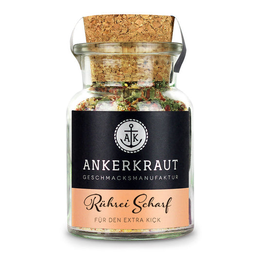 Ankerkraut Rührei Gewürz Scharf im Korkenglas auf weißem Hintergrund.