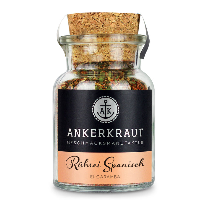 Spanisches Rührei von Ankerkraut im Korkenglas auf weißem Hintergrund.