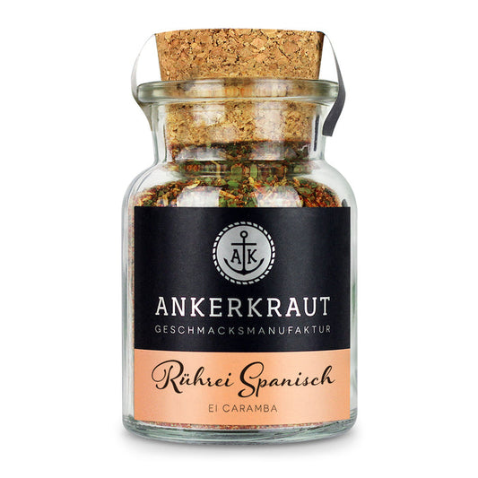 Spanisches Rührei von Ankerkraut im Korkenglas auf weißem Hintergrund.