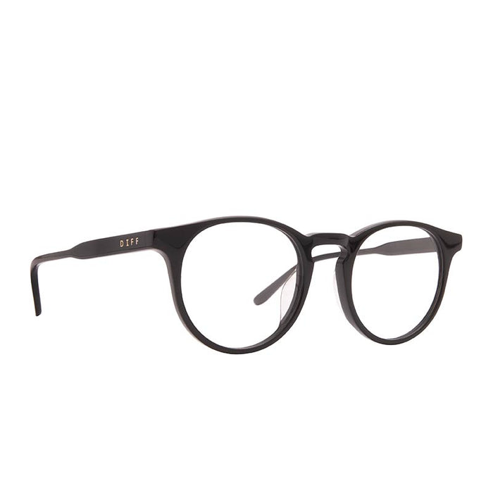 diff eyewear sawyer round glasses with a black acetate frame and prescription lenses angled view