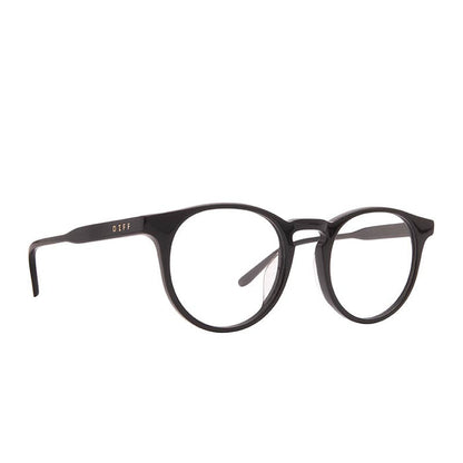diff eyewear sawyer round glasses with a black acetate frame and prescription lenses angled view