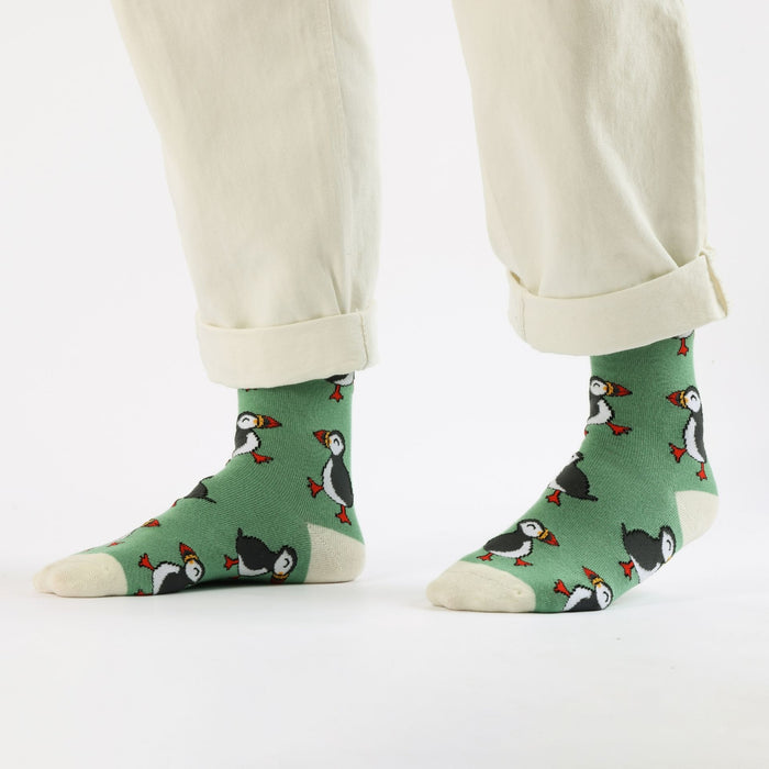 Green socks with penguin design worn by a person on a white background