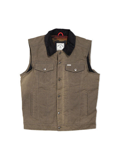 Brown waxed canvas vest with black collar, button front, and two chest pockets. Classic rugged style with durable fabric.