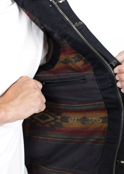 Person reveals jacket's colorful patterned lining with a zippered pocket, highlighting its stylish and functional design.