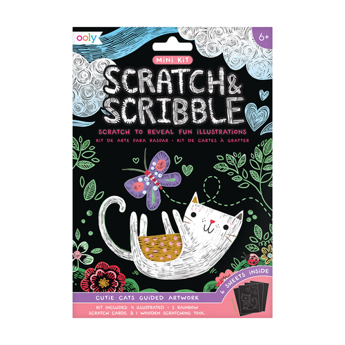 Image of OOLY Cutie Cats Scratch and Scribble Mini Scratch Art Kit in package (front).
