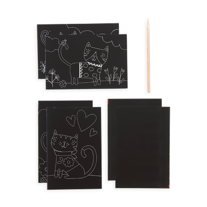 Supplies included in the Cutie Cats Scratch and Scribble Mini Scratch Art Kit