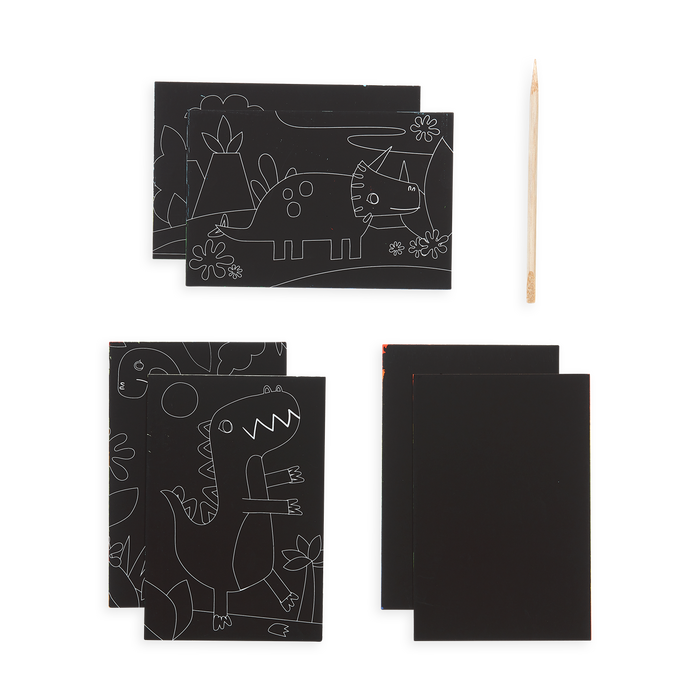 Image of the Dinosaur Days Scratch and Scribble Mini Scratch Art Kit contents which includes 6 sheets and one wooden stylus.