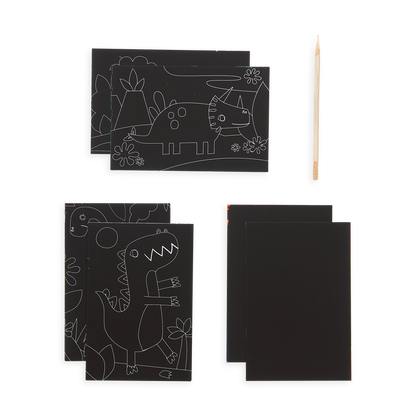 Image of the Dinosaur Days Scratch and Scribble Mini Scratch Art Kit contents which includes 6 sheets and one wooden stylus.