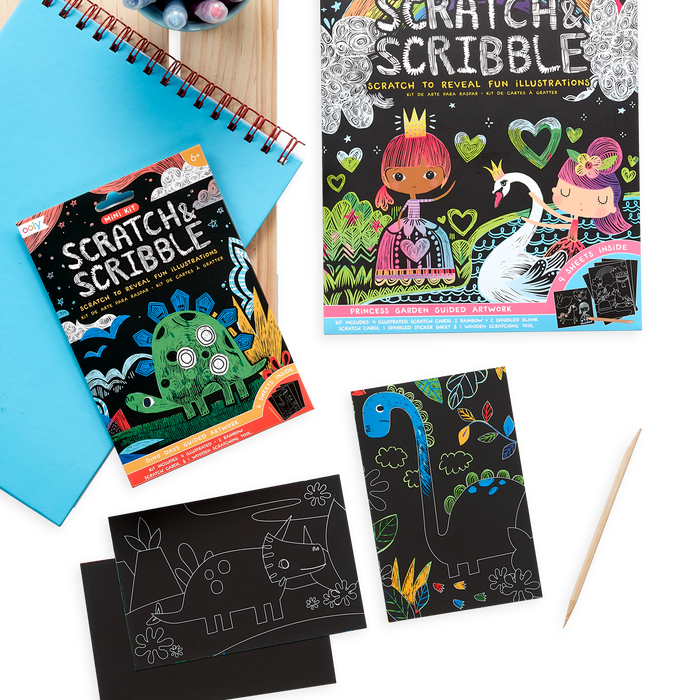 Dinosaur Days Scratch and Scribble Mini Scratch Art Kit next to the Princess Garden Scratch and Scribble Art Kit.
