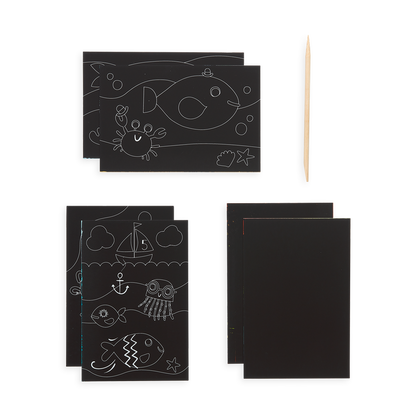 Supplies included in the Friendly Fish Scratch and Scribble Mini Scratch Art Kit includes 6 scratch sheets and a wooden stylus.