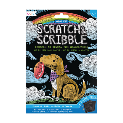 Playful Pups Scratch and Scribble Mini Scratch Art Kit inside package (front)