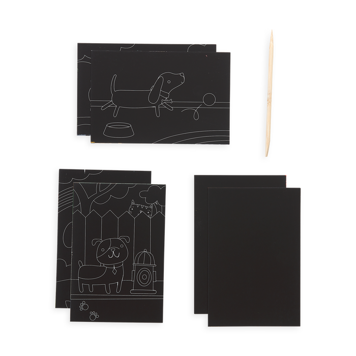 Playful Pups Scratch and Scribble Mini Scratch Art Kit content which includes 6 sheets and a wooden stylus.