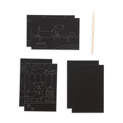 Playful Pups Scratch and Scribble Mini Scratch Art Kit content which includes 6 sheets and a wooden stylus.