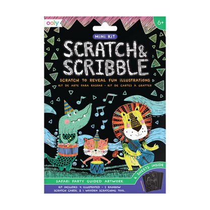 OOLY Safari Party Scratch and Scribble Mini Scratch Art Kit in package (front).