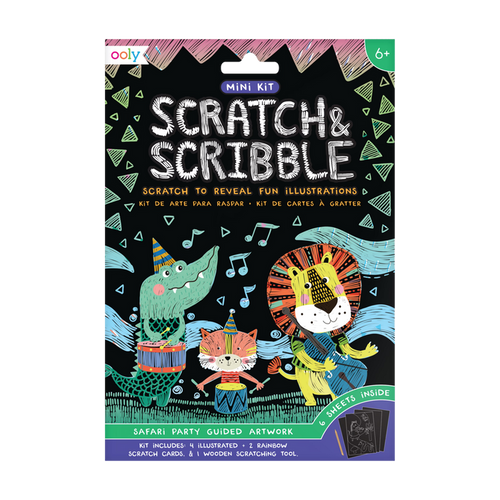 OOLY Safari Party Scratch and Scribble Mini Scratch Art Kit in package (front).