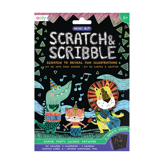 OOLY Safari Party Scratch and Scribble Mini Scratch Art Kit in package (front).