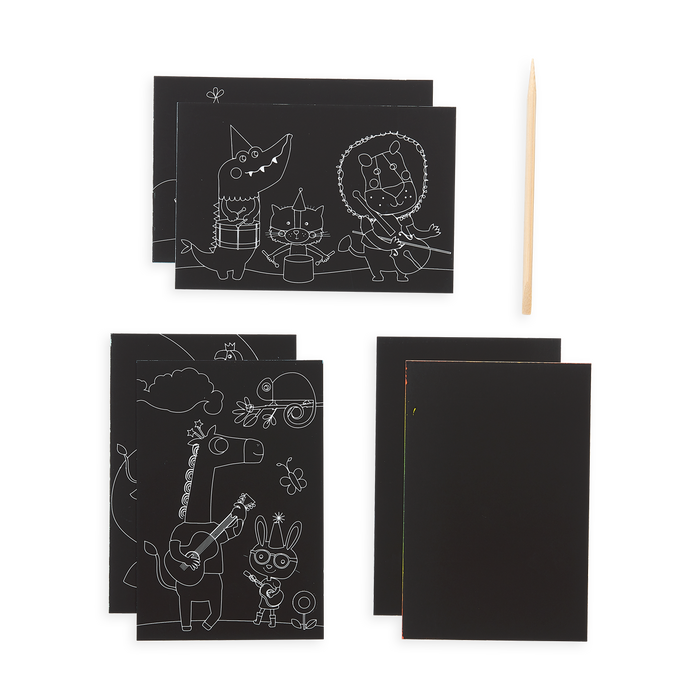Items included in Safari Party Scratch and Scribble Mini Scratch Art Kit including 6 sheets and a wooden stylus.