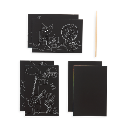 Items included in Safari Party Scratch and Scribble Mini Scratch Art Kit including 6 sheets and a wooden stylus.