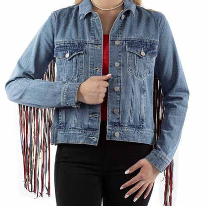 Scully Women's Americana Fringe Denim Jacket in Red, White, and Blue
