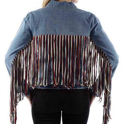 Scully Women's Americana Fringe Denim Jacket in Red, White, and Blue