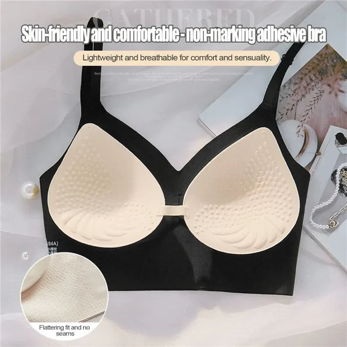 Black adhesive bra with beige lining on a white background, featuring text about its features.