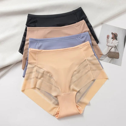 Three pairs of women's underwear in black, beige, and purple on a light background.