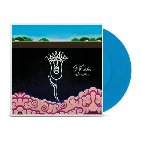 Vinyl cover showing a flower outline with a background of cartoon like trees and a sky.  Sticking out of the cover is an opaque blue vinyl.
