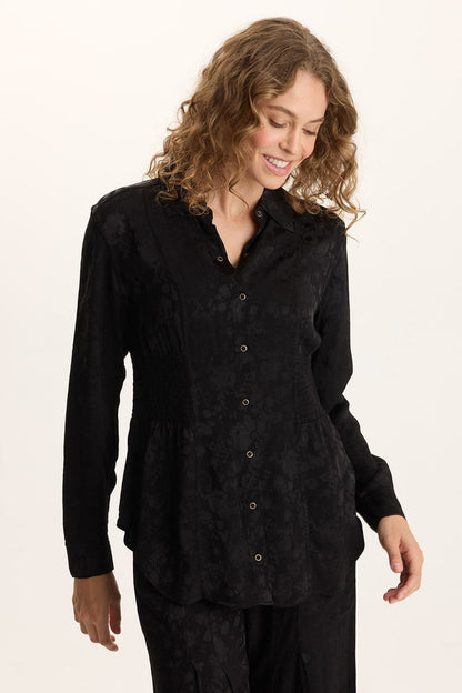 XCVI Senneca Textured Satin Shirred Peplum Button-Up Blouse