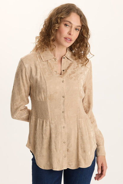 XCVI Senneca Textured Satin Shirred Peplum Button-Up Blouse