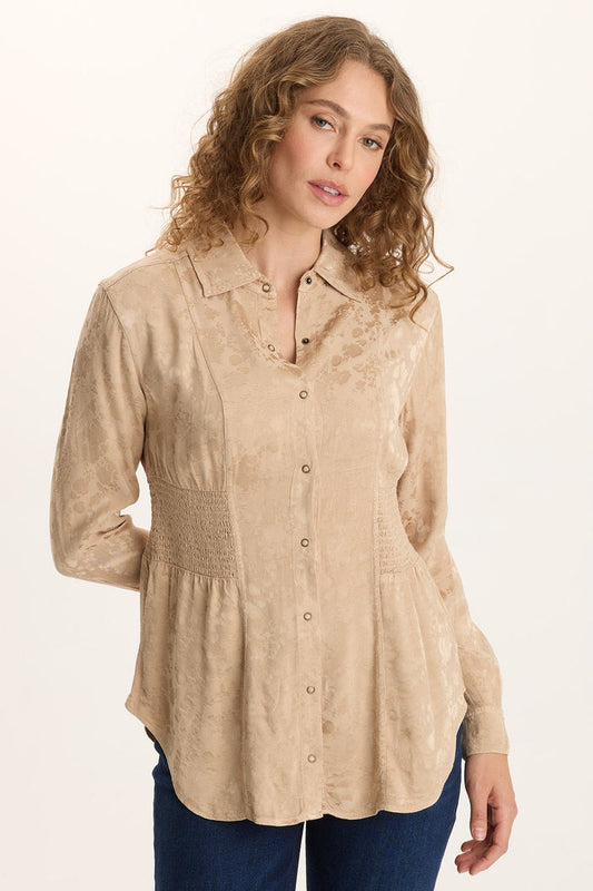 XCVI Senneca Textured Satin Shirred Peplum Button-Up Blouse