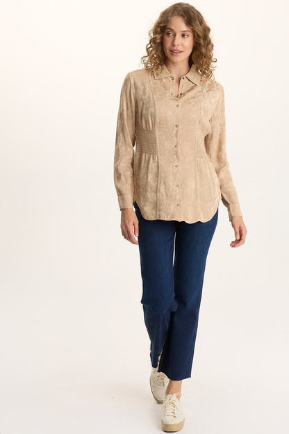 XCVI Senneca Textured Satin Shirred Peplum Button-Up Blouse