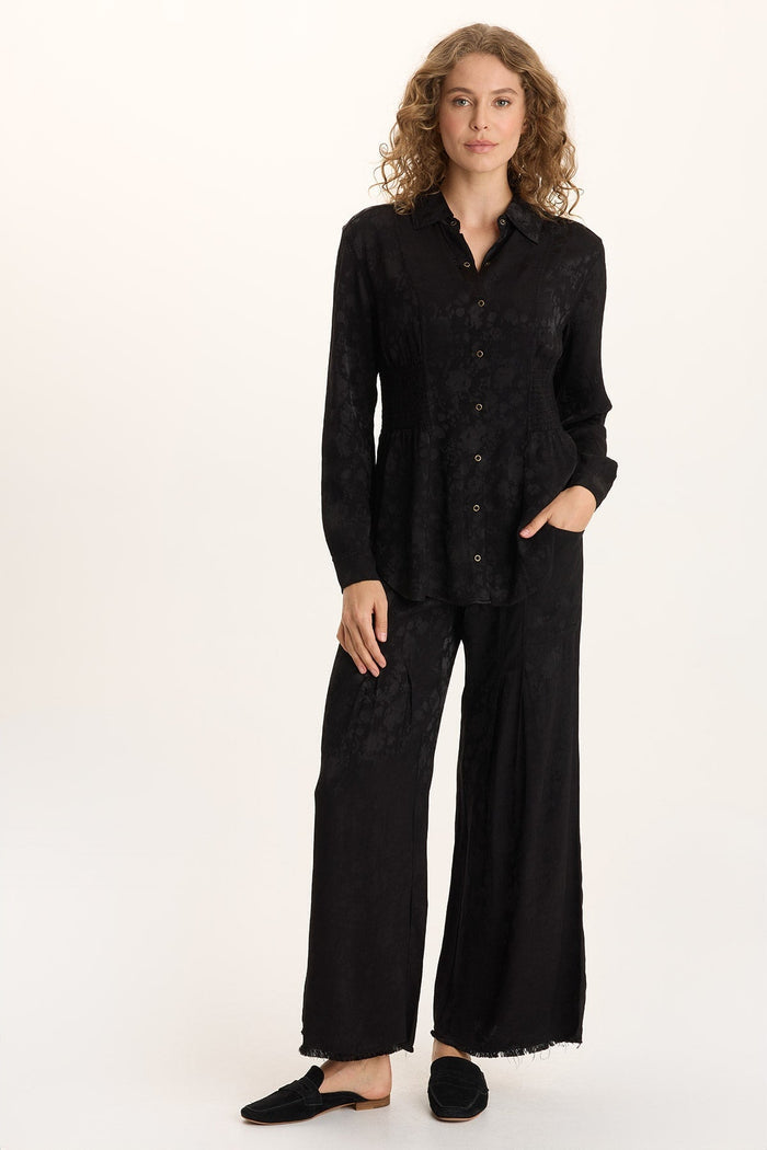 XCVI Senneca Textured Satin Shirred Peplum Button-Up Blouse