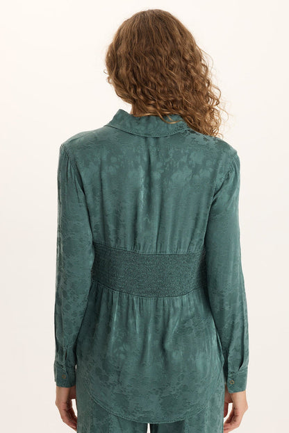 XCVI Senneca Textured Satin Shirred Peplum Button-Up Blouse
