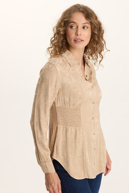 XCVI Senneca Textured Satin Shirred Peplum Button-Up Blouse