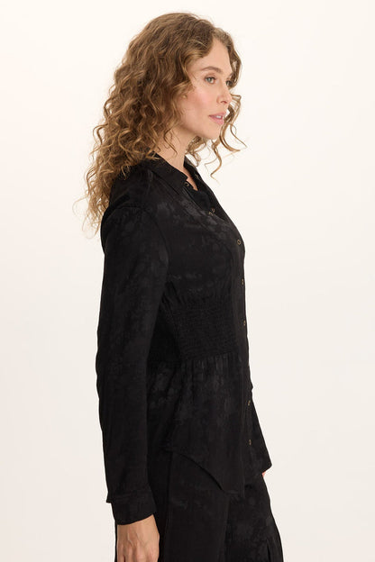 XCVI Senneca Textured Satin Shirred Peplum Button-Up Blouse