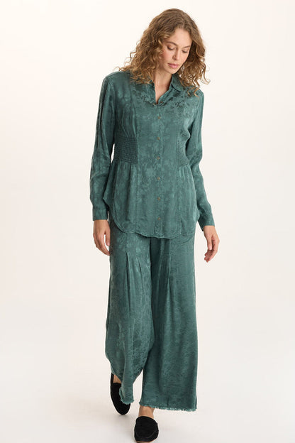 XCVI Senneca Textured Satin Shirred Peplum Button-Up Blouse