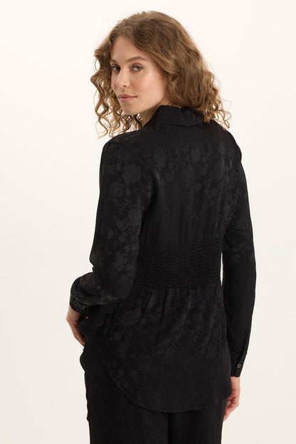 XCVI Senneca Textured Satin Shirred Peplum Button-Up Blouse