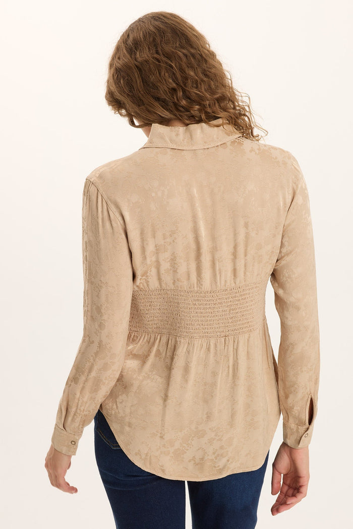 XCVI Senneca Textured Satin Shirred Peplum Button-Up Blouse