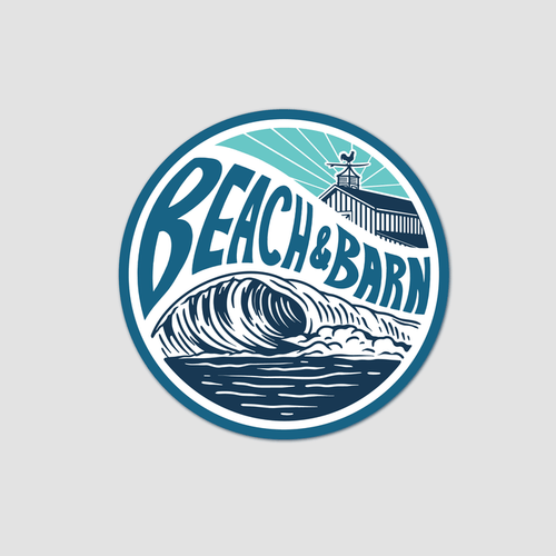 A circular logo with the text Beach & Barn featuring a large wave, ocean water, and a barn with a rooster on top, all illustrated in blue and teal tones.